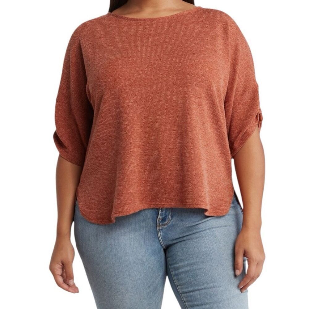 MAX STUDIO Ruched Sleeve Ribbed Top Size 2X - Picture 2 of 4